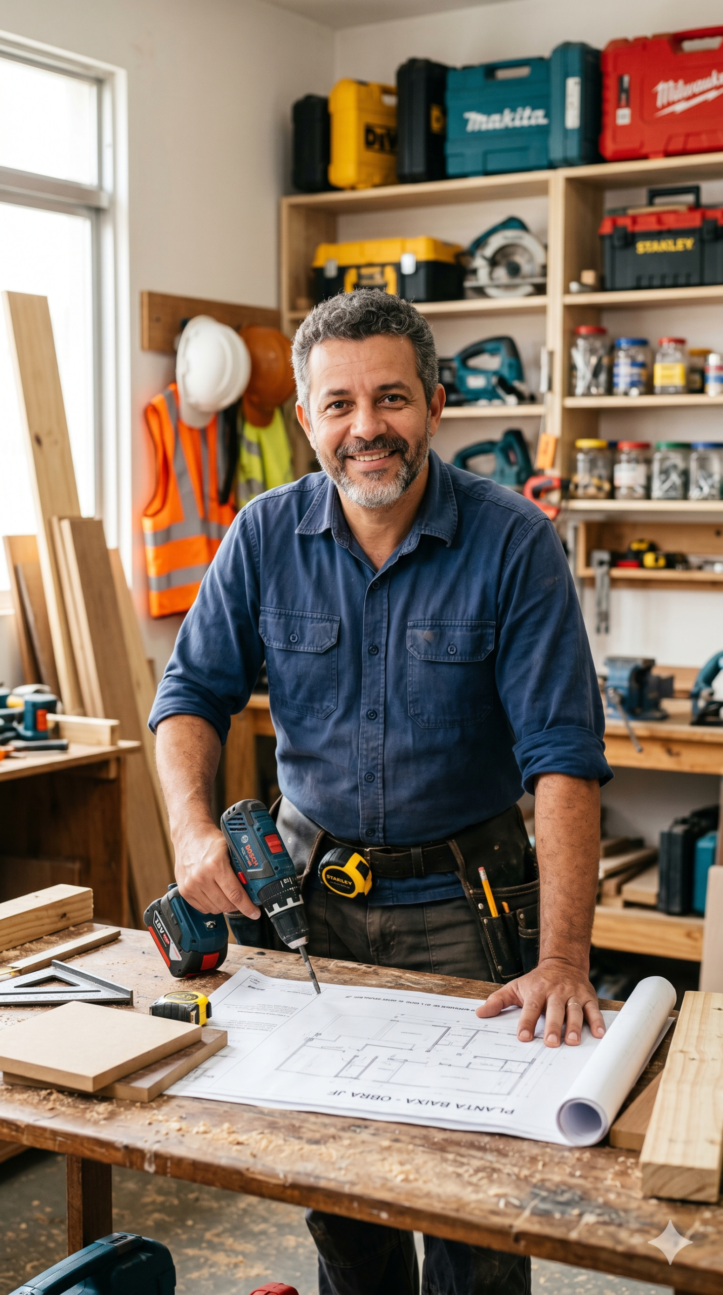 Profissional de construção civil e marcenaria com ferramentas elétricas.